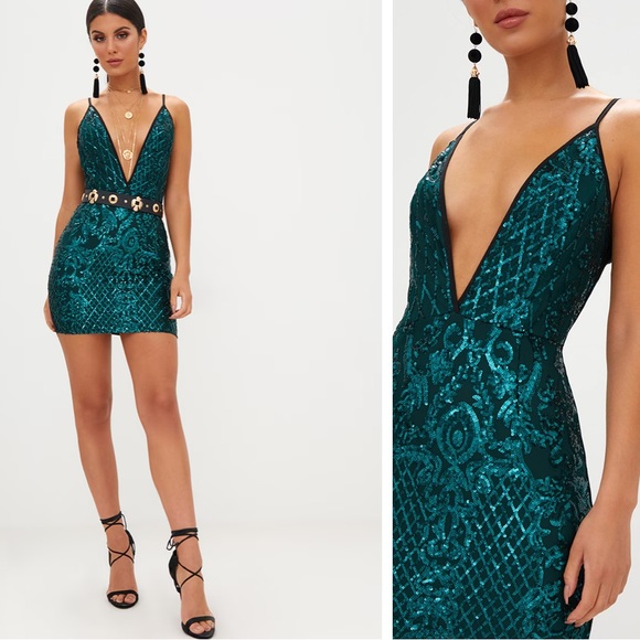 PrettyLittleThing Emerald Green/black Strappy Sequin Dress size 6 New w/tags - Picture 9 of 10